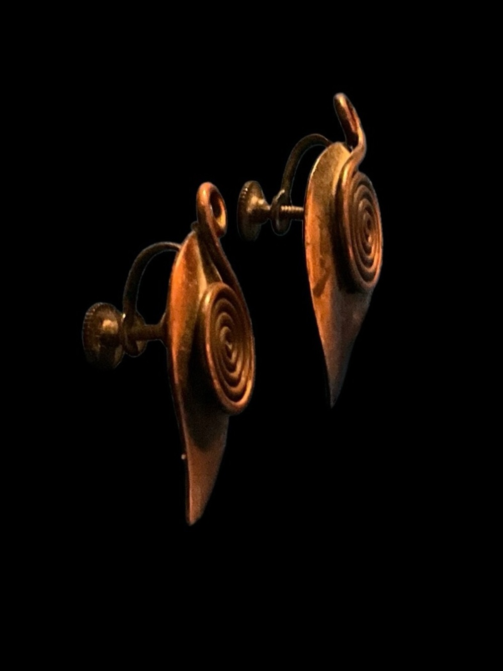 Vintage estate sale Spiral Drop Metal Clip-On Earrings in Warm Copper Tone